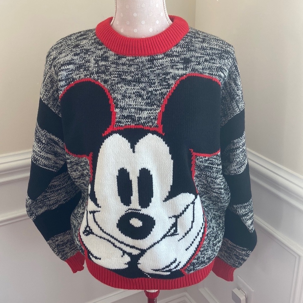 Vintage 90s Mickey and Co Mickey Mouse Grey Red Big Print Knit Sweater S…